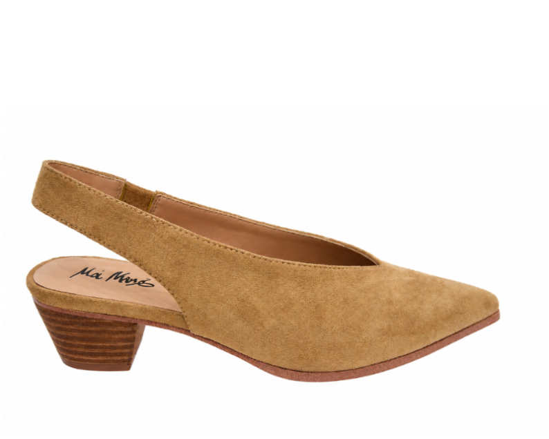 "Emi" - Pointed Toe Slingback Kitten Heel - Tan