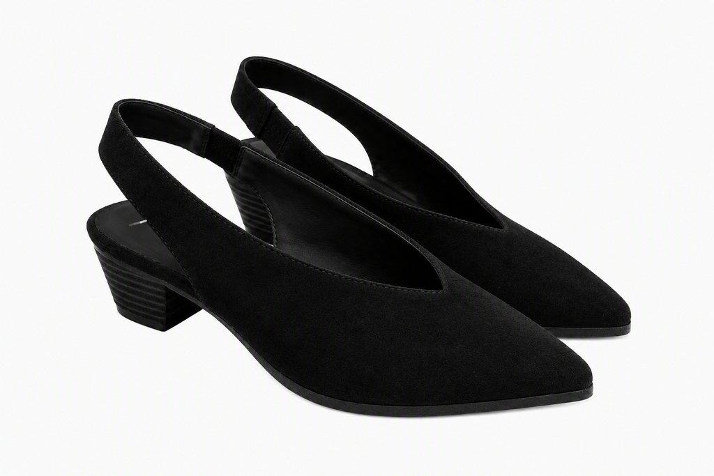 "Emi" - Pointed Toe Slingback Kitten Heel - Black