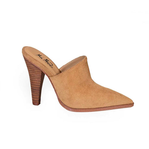 vegan suede Tan high-heeled mule shoe on a white background