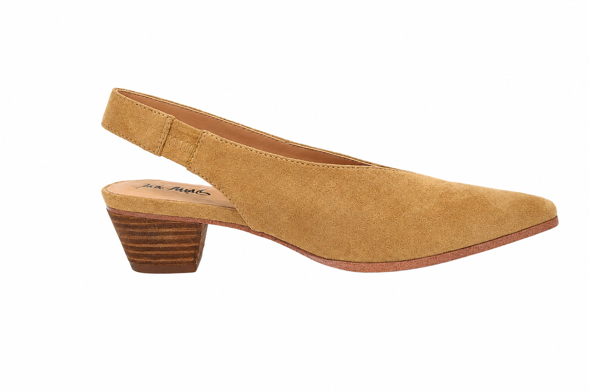 Tan Pointed Toe Slingback Kitten Heel