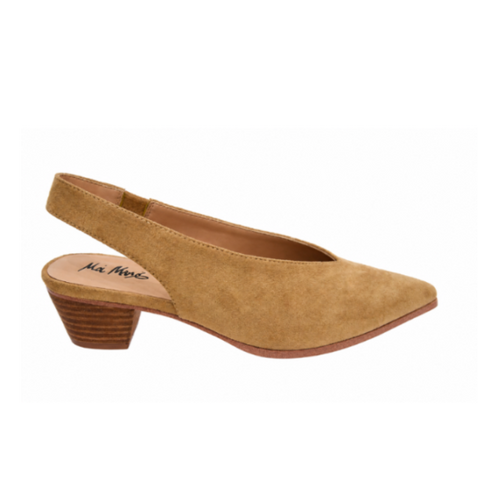 Tan Pointed Toe Slingback Kitten Heel