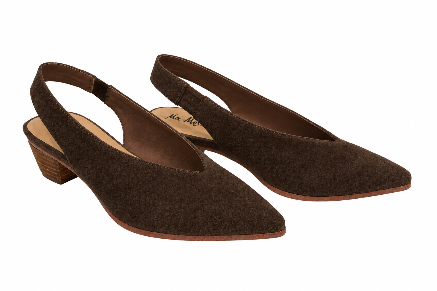 Brown Pointed Toe Slingback Kitten Heel
