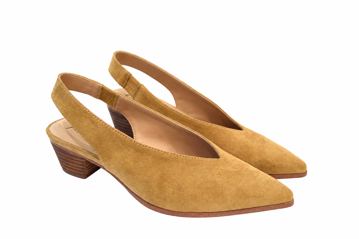 Tan Pointed Toe Slingback Kitten Heel