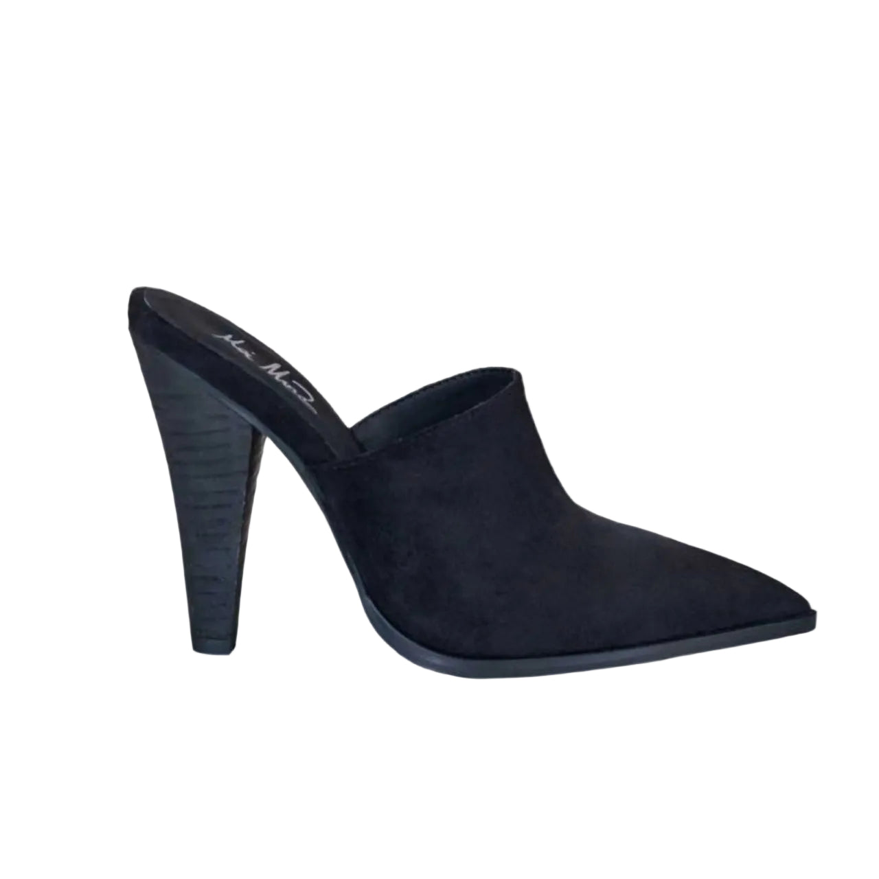 women's high heeled vegan suede mule in back