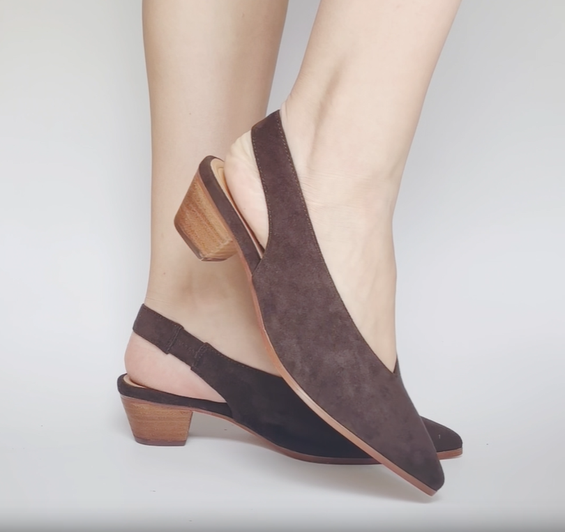 model wearing emi kitten heel in brown