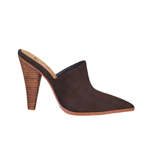 Brown vegan suede high-heeled shoe on a white background
