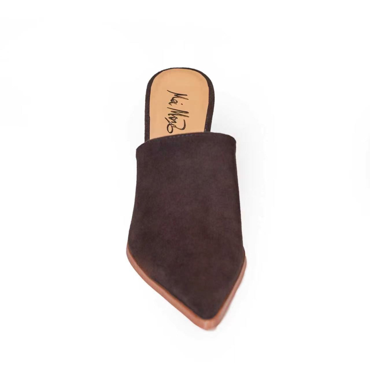 Brown high heel vegan suede mule on a white background