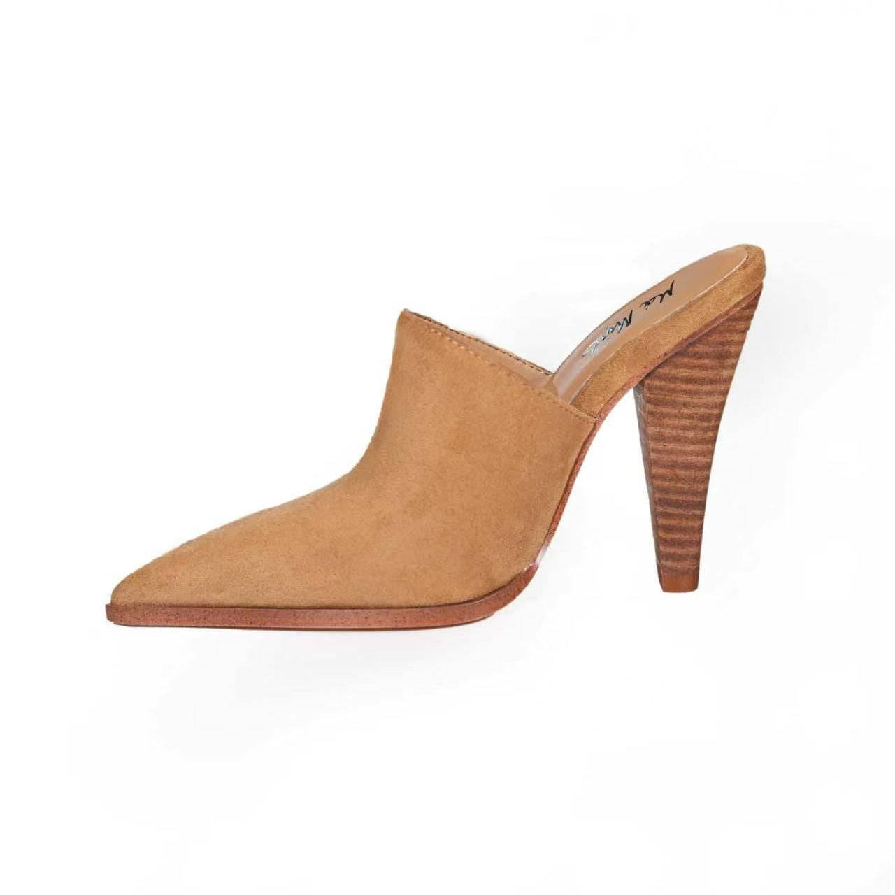 Vegan tan suede high heeled mule shoe on a white background